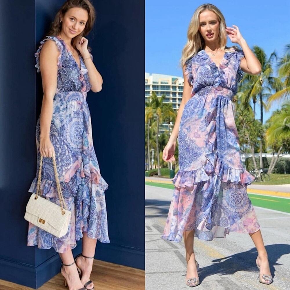 MISA Kidada Ruffle Sleeveless Midi Dress in Namaskar Patchwork Sundress Blue M